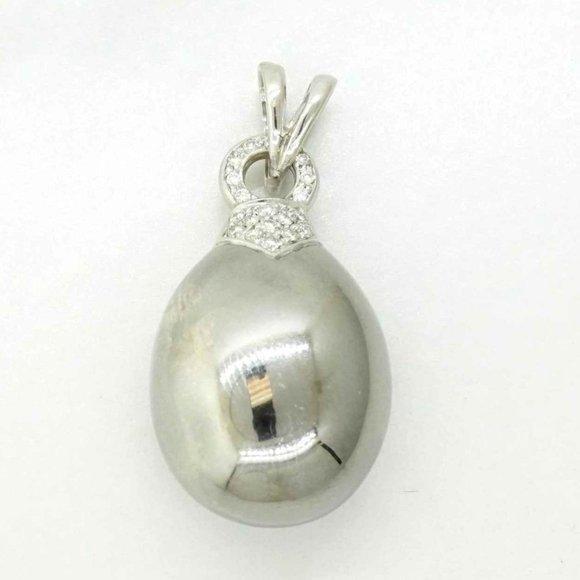 Estate Sale 14k White Gold Hematite Diamond Pendant Natural Oval Silver 0.25 TCW
